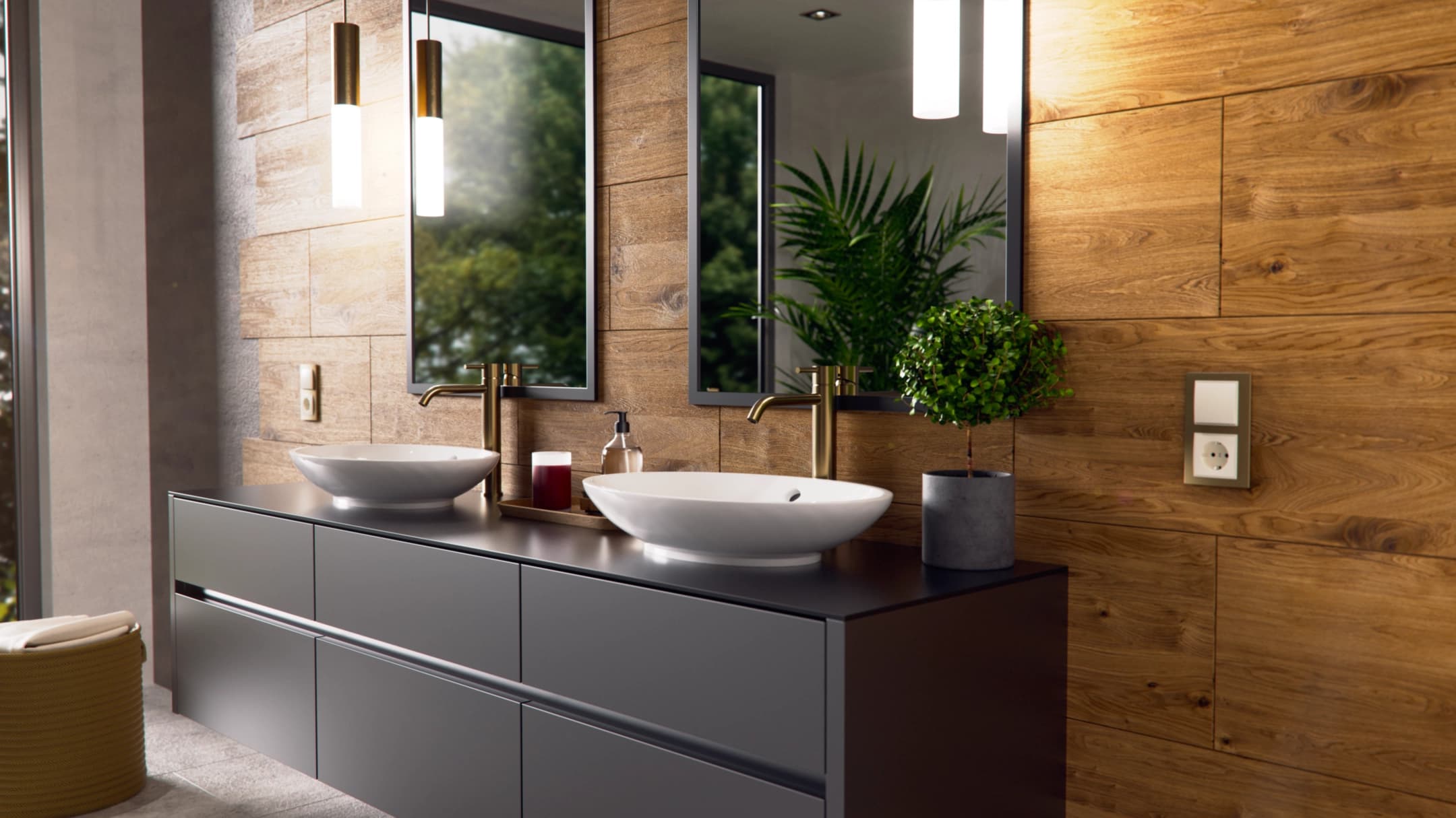 Badezimmer mit Holzwand, Doppelwaschtisch und Berker B.3 Schalter und Steckdose