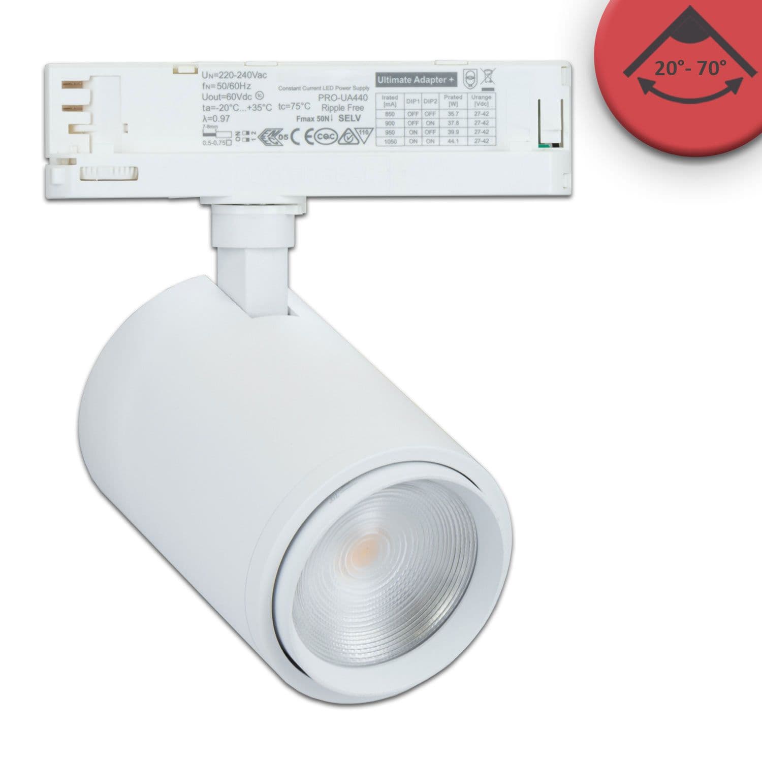 3-Phasen Schienenstrahler fokussierbar, 34W, 20°-70°, weiß matt, Meat 1900K