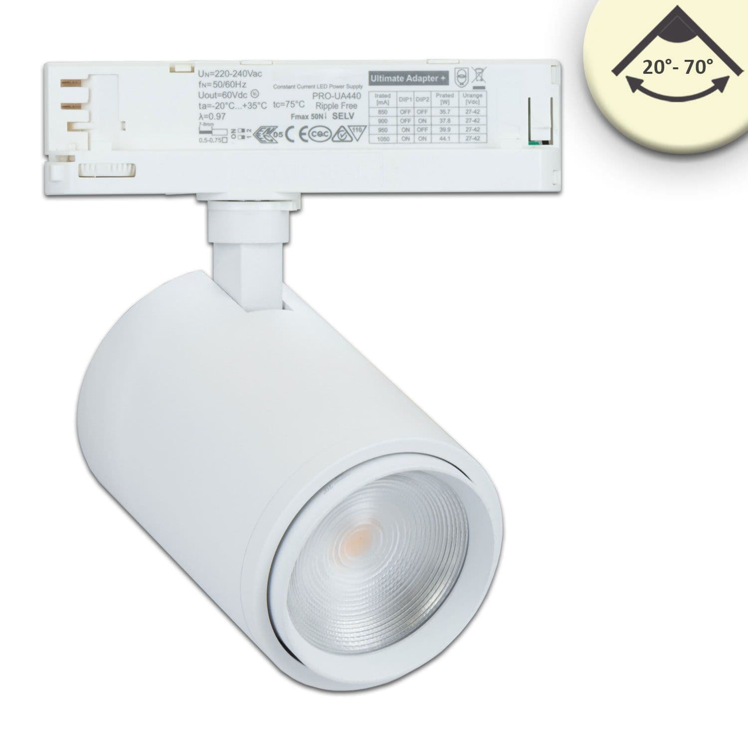 3-Phasen Schienenstrahler fokussierbar, 42W, 20°-70°, weiß matt, 3000K, CRI92