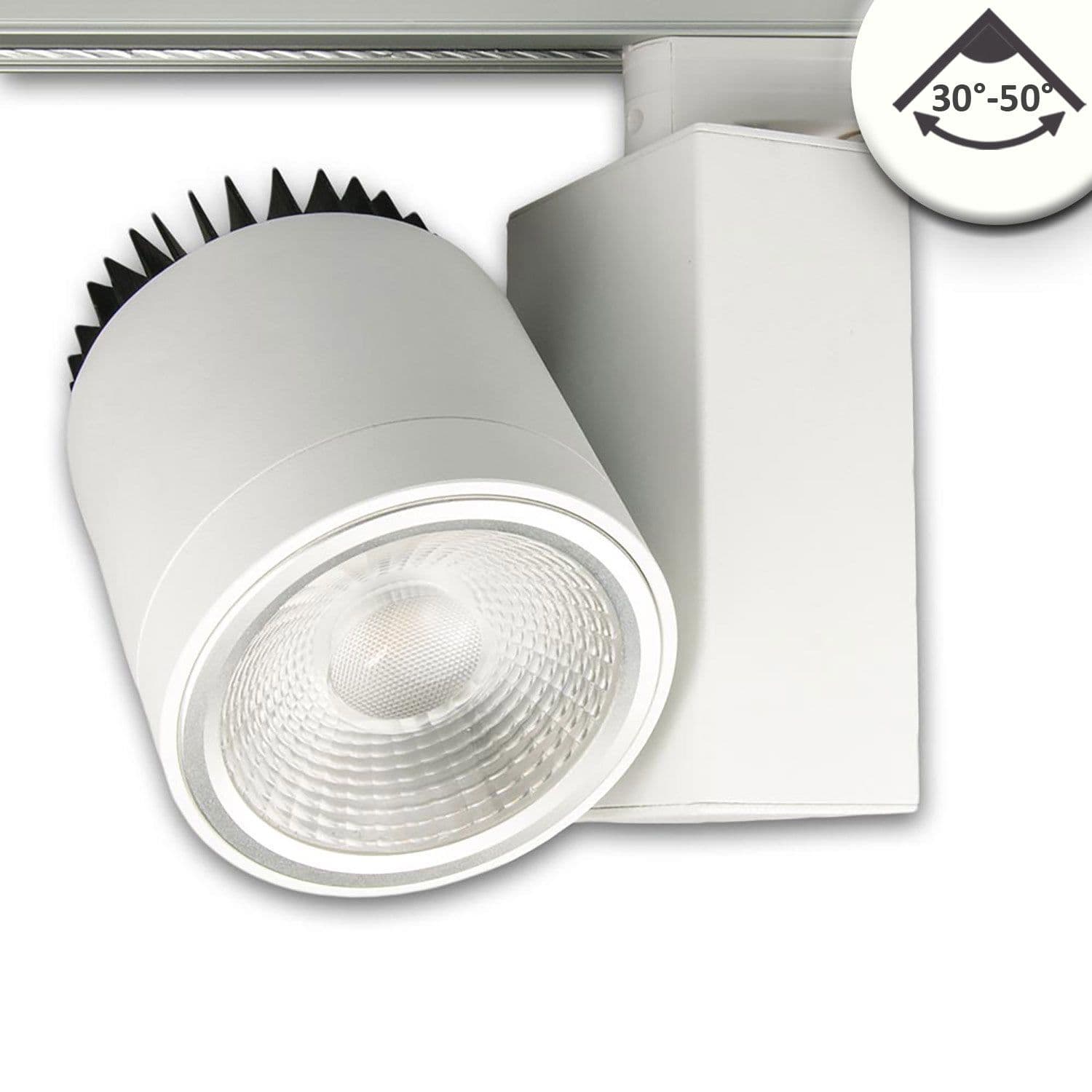 3-Phasen Schienenstrahler fokussierbar, 30W, 30°-50°, weiß matt, 4000K, dimmbar