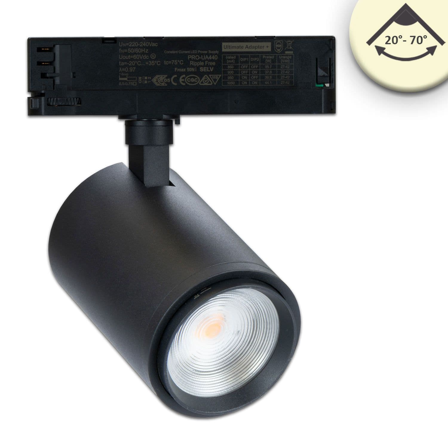 3-Phasen Schienenstrahler fokussierbar, 42W, 20°-70°, schwarz matt, 3000K, CRI92