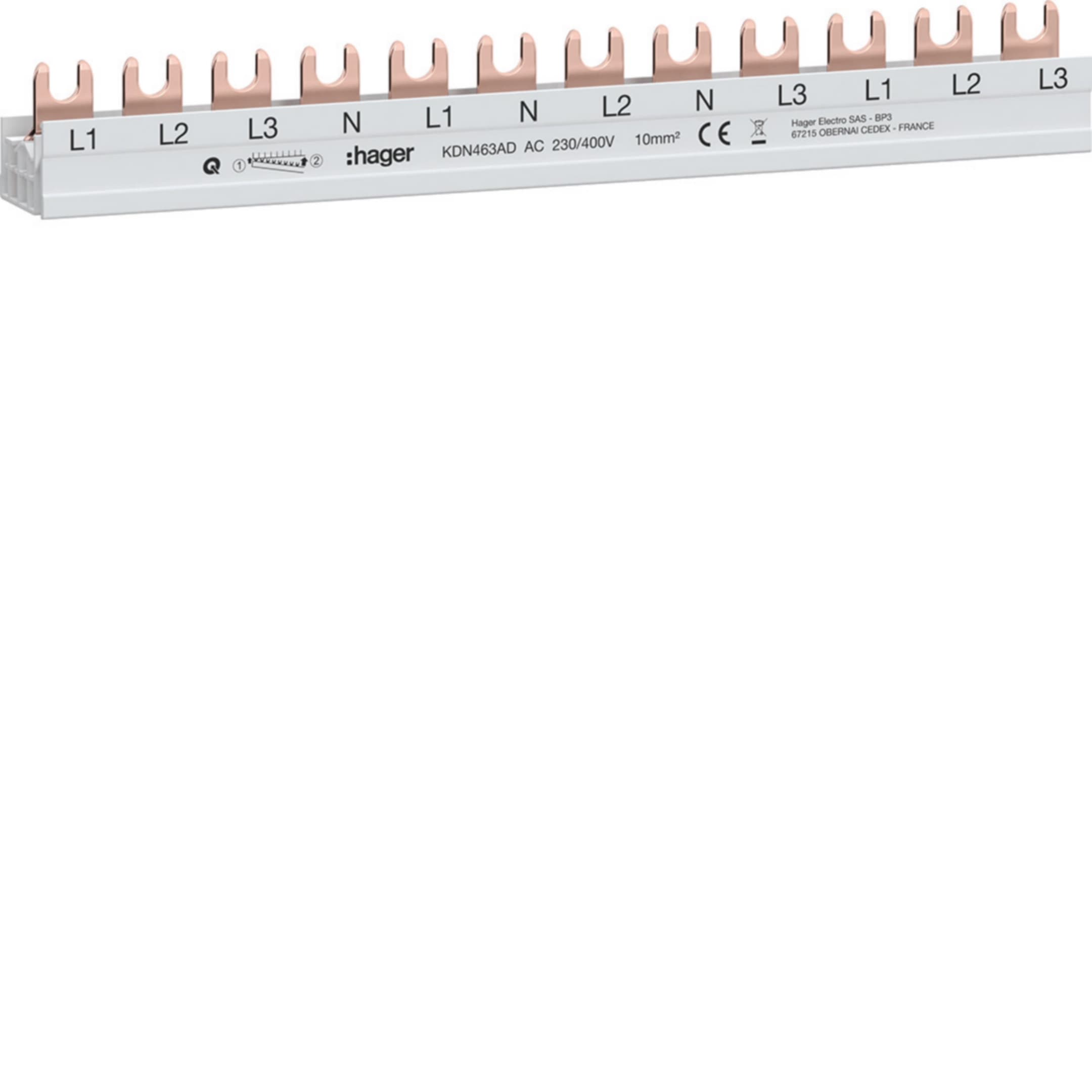 Phasenschiene 4-polig 63 A 12 TE Gabelanschluss