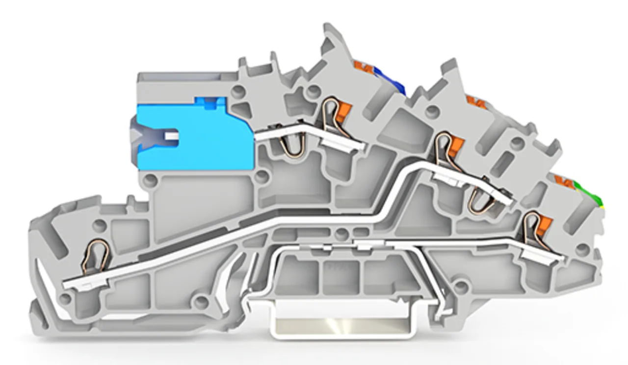 Installationsetagenklemme Serie 2203, mit Betätigungsöffnung und Drücker, 2,5 mm², mit N-Trennschlitten, NT/L/PE, grau