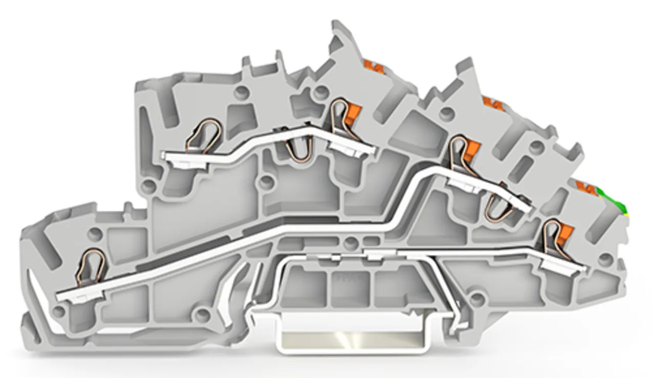 Installationsetagenklemme Serie 2203, mit Betätigungsöffnung und Drücker, 2,5 mm², L/L/PE, grau (2203-7545)