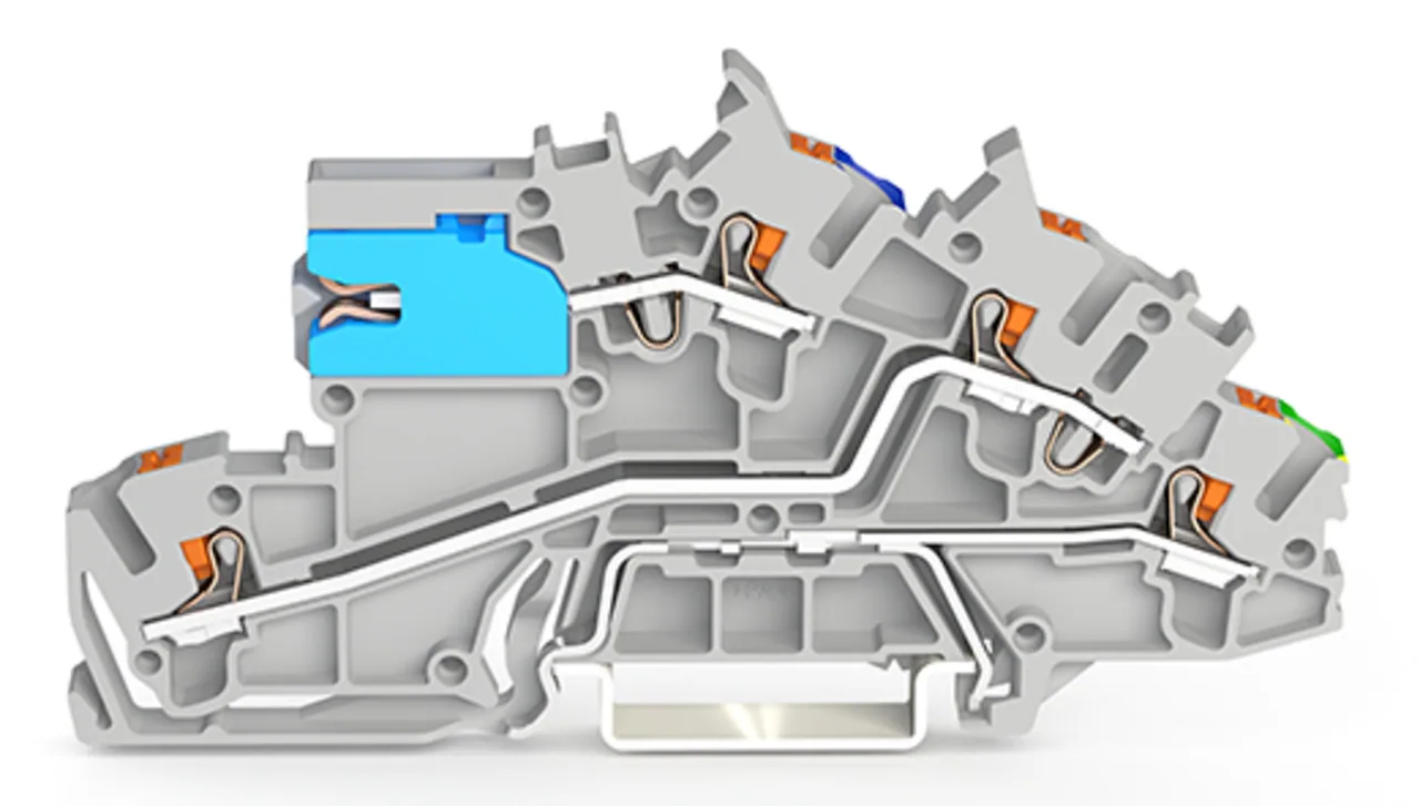 Installationsetagenklemme Serie 2203, mit Drücker, 2,5 mm², mit N-Trennschlitten, NT/L/PE, grau